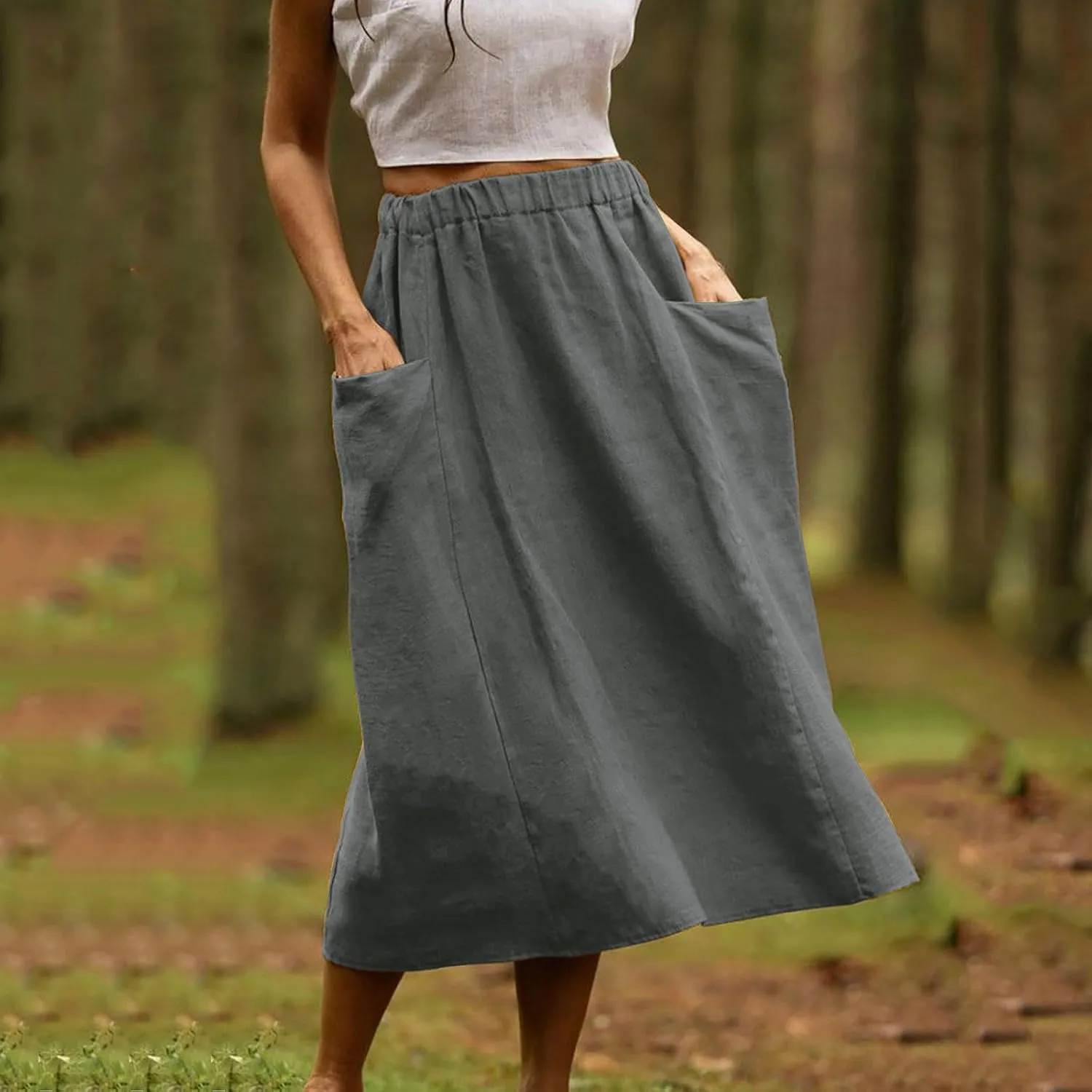 Women's Casual Linen Skirts Elastic Waist Midi Skirts A Line Pleated Skirts with Pockets Beach Flowy Boho Skirts