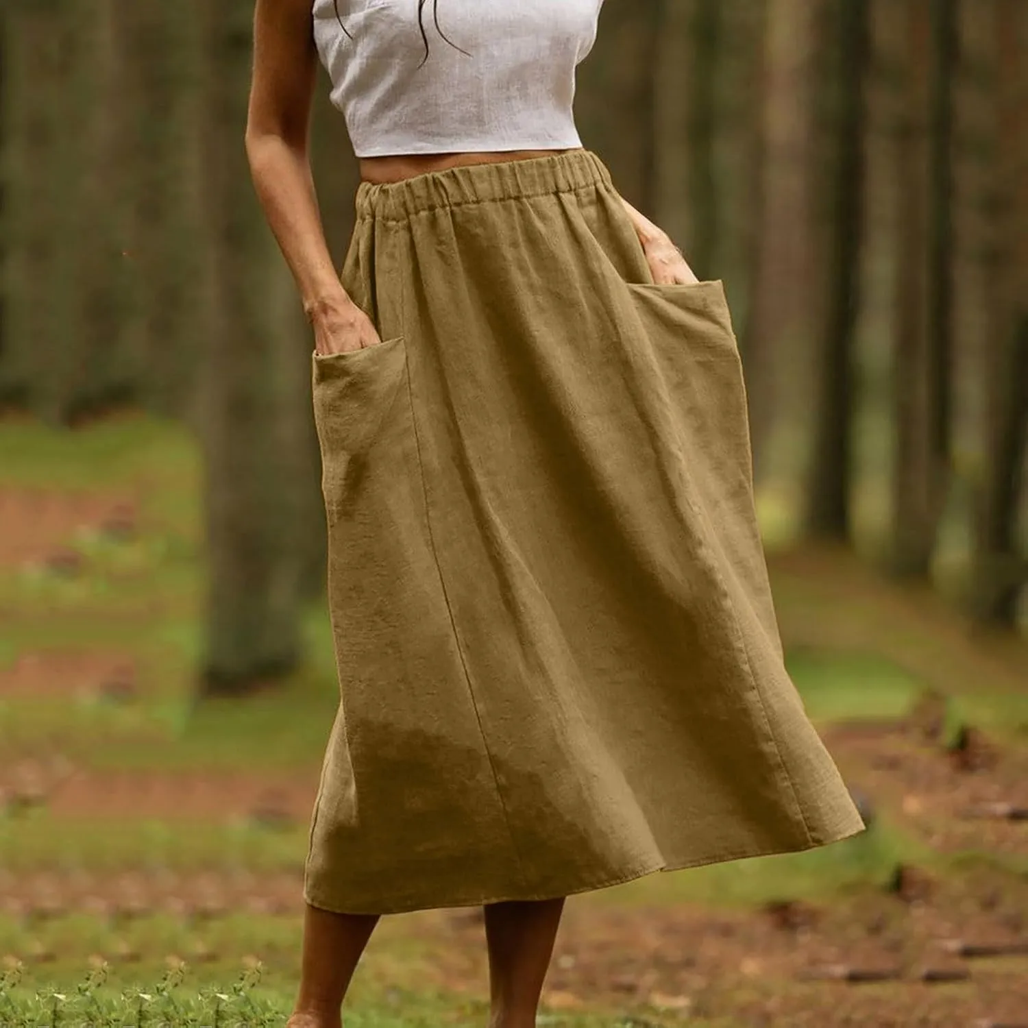 Women's Casual Linen Skirts Elastic Waist Midi Skirts A Line Pleated Skirts with Pockets Beach Flowy Boho Skirts