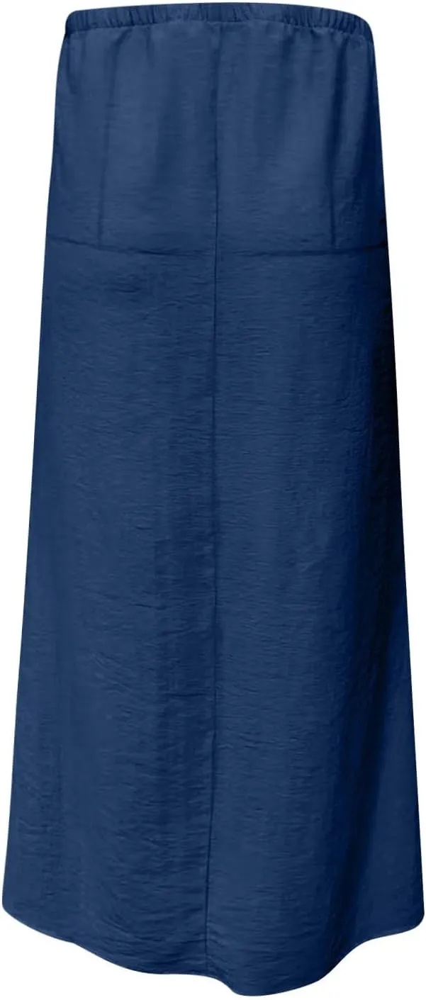Womens Casual Maxi Skirts 2025 Summer Trendy Long Skirt Drawstring Waist Beach Vacation Soft Comfy Solid Work Clothes