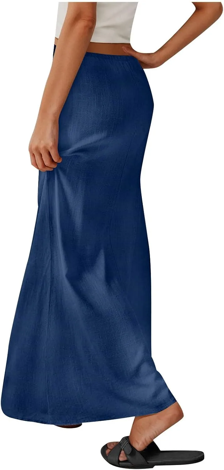 Womens Casual Maxi Skirts 2025 Summer Trendy Long Skirt Drawstring Waist Beach Vacation Soft Comfy Solid Work Clothes