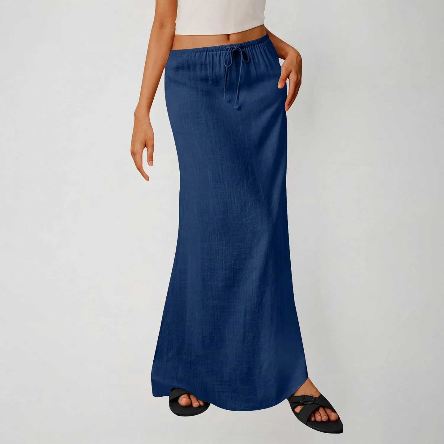 Womens Casual Maxi Skirts 2025 Summer Trendy Long Skirt Drawstring Waist Beach Vacation Soft Comfy Solid Work Clothes