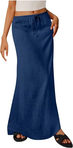 Womens Casual Maxi Skirts 2025 Summer Trendy Long Skirt Drawstring Waist Beach Vacation Soft Comfy Solid Work Clothes