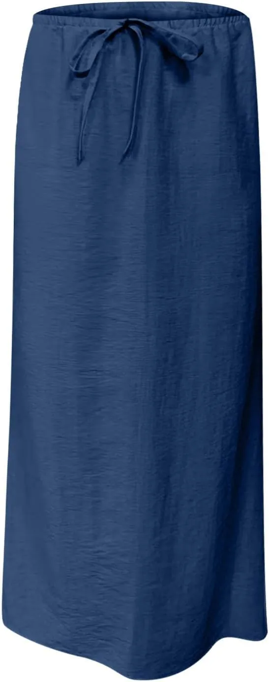 Womens Casual Maxi Skirts 2025 Summer Trendy Long Skirt Drawstring Waist Beach Vacation Soft Comfy Solid Work Clothes