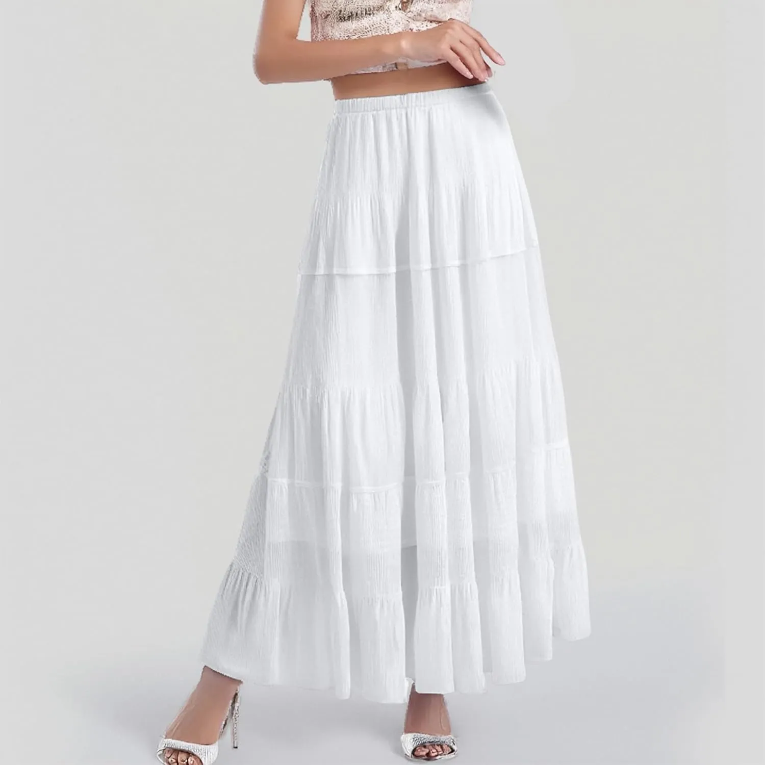 Women's Chiffon White Flowy Maxi Skirts Boho Summer Elastic Waisted Pleated A Line Long Skirt for Women 2025