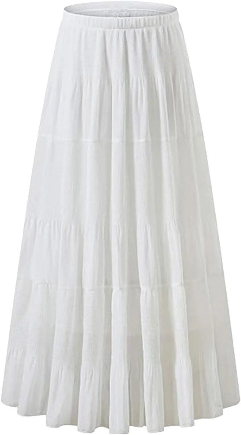 Women's Chiffon White Flowy Maxi Skirts Boho Summer Elastic Waisted Pleated A Line Long Skirt for Women 2025