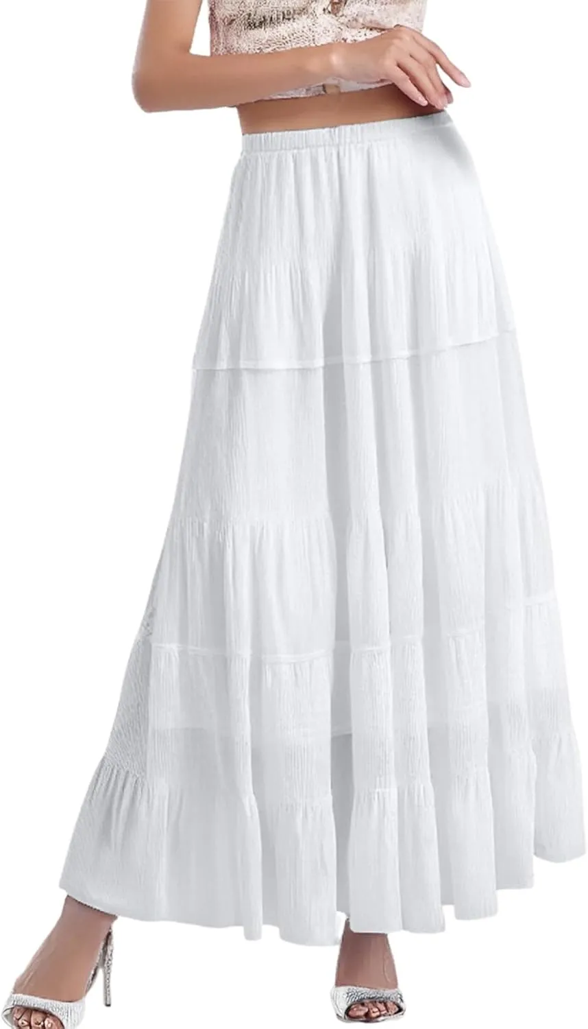 Women's Chiffon White Flowy Maxi Skirts Boho Summer Elastic Waisted Pleated A Line Long Skirt for Women 2025