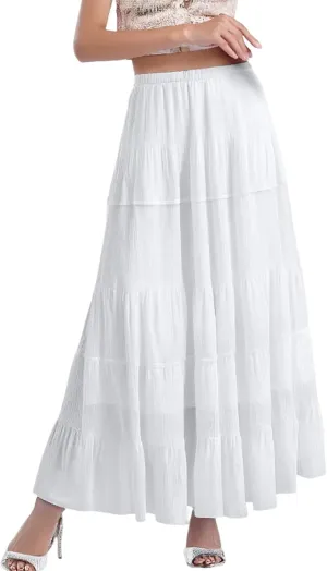 Women's Chiffon White Flowy Maxi Skirts Boho Summer Elastic Waisted Pleated A Line Long Skirt for Women 2025
