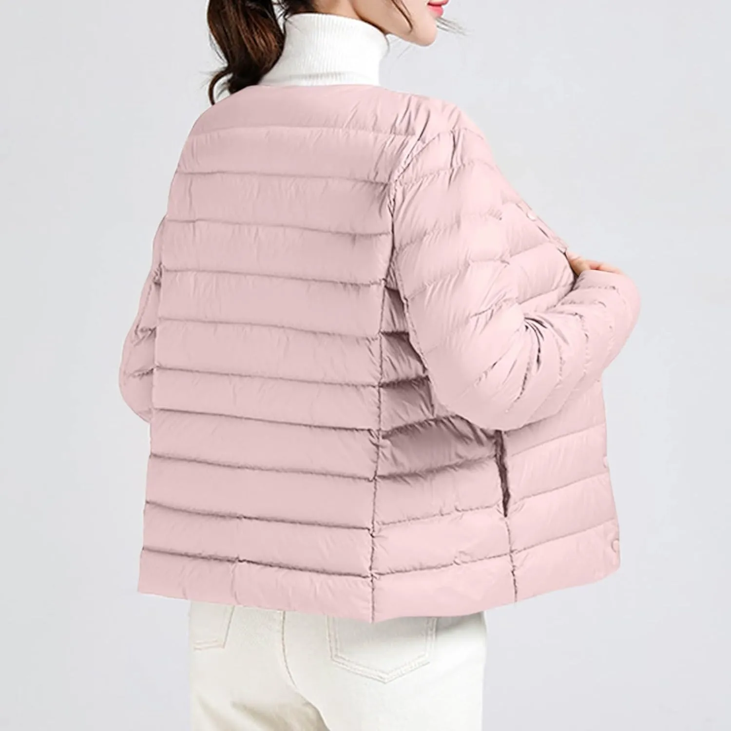Women's Cotton Jacket Winter Warm Snow Coat Fashion Solid Color Long Sleeves Button Lightweight Down Jackets