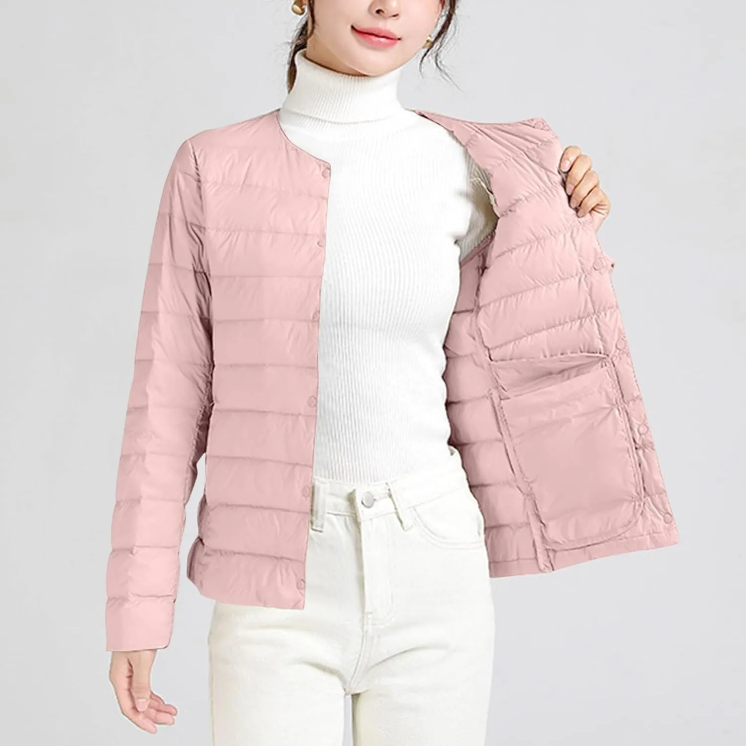 Women's Cotton Jacket Winter Warm Snow Coat Fashion Solid Color Long Sleeves Button Lightweight Down Jackets