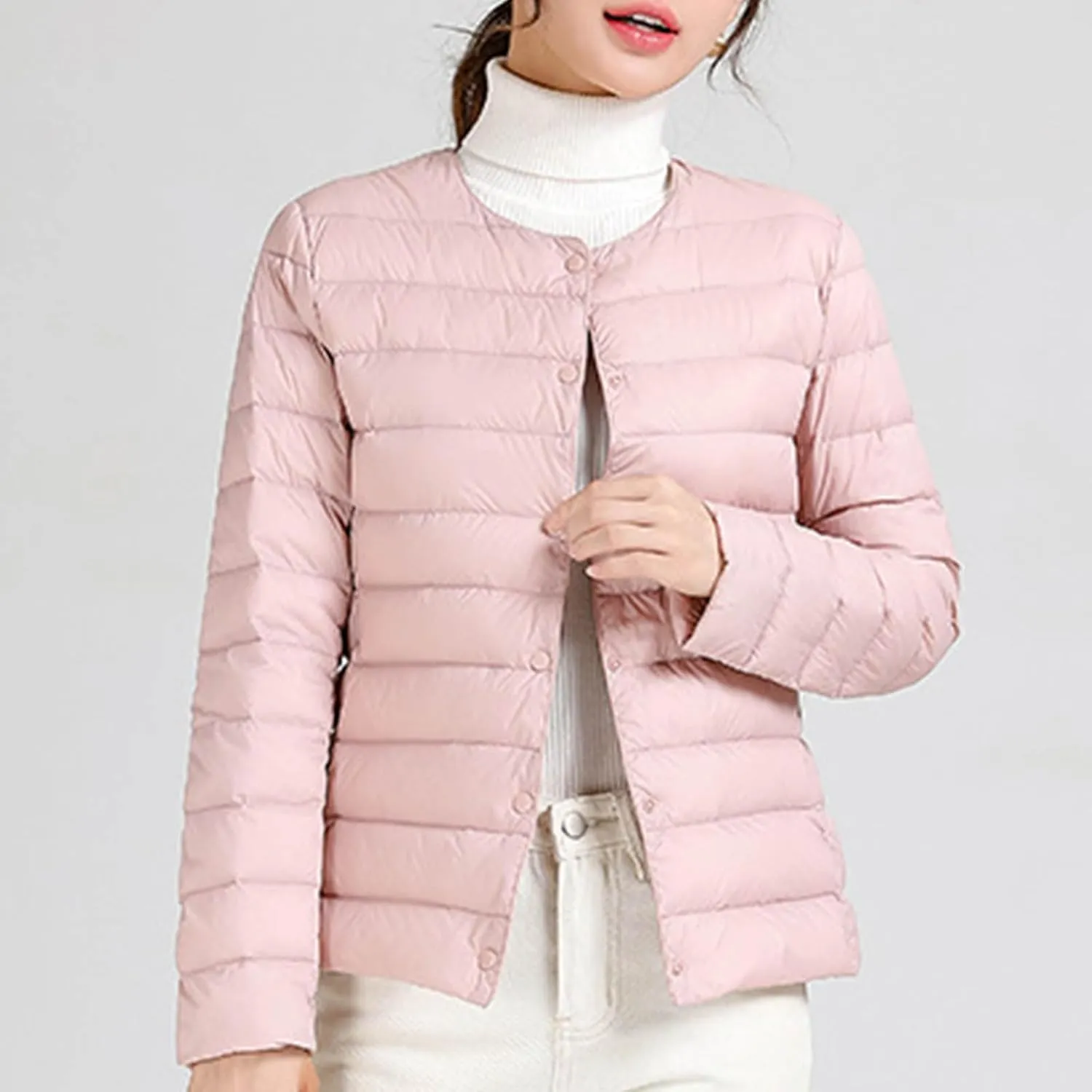 Women's Cotton Jacket Winter Warm Snow Coat Fashion Solid Color Long Sleeves Button Lightweight Down Jackets