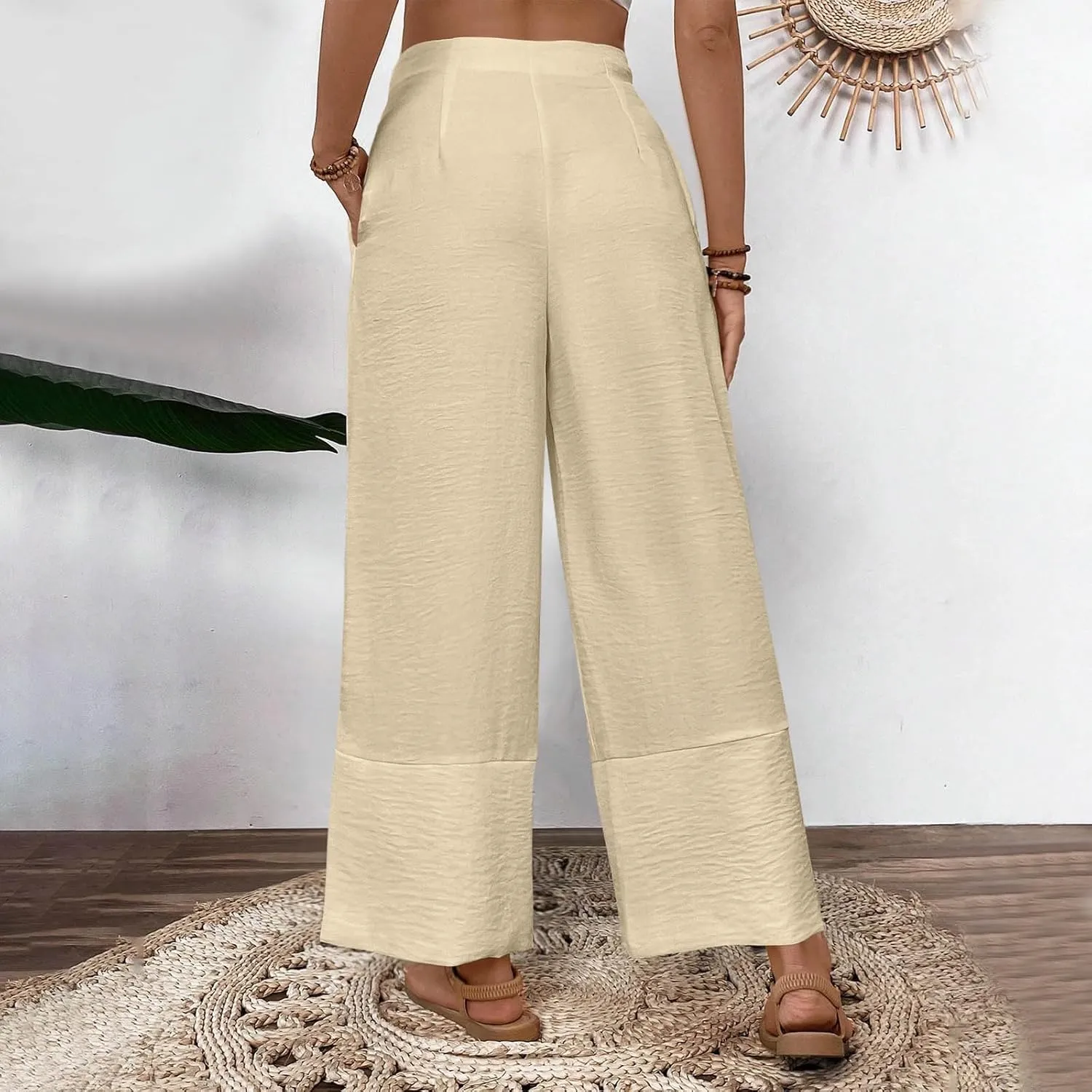 Womens Cotton Linen Pants Baggy Wide Leg Pants Casual Elastic High Waisted Palazzo Harem Trousers with Zipper Pockets