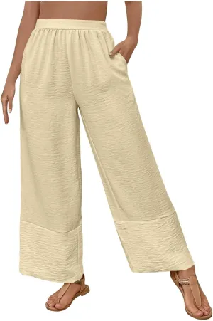 Womens Cotton Linen Pants Baggy Wide Leg Pants Casual Elastic High Waisted Palazzo Harem Trousers with Zipper Pockets