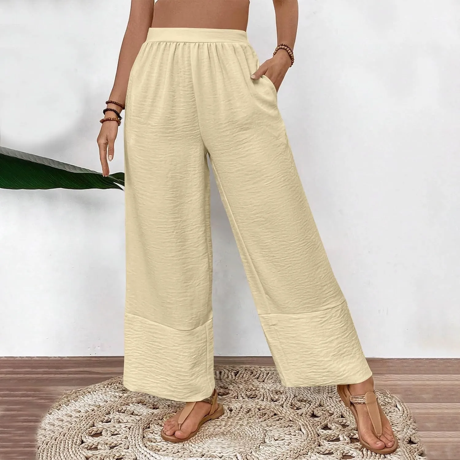 Womens Cotton Linen Pants Baggy Wide Leg Pants Casual Elastic High Waisted Palazzo Harem Trousers with Zipper Pockets