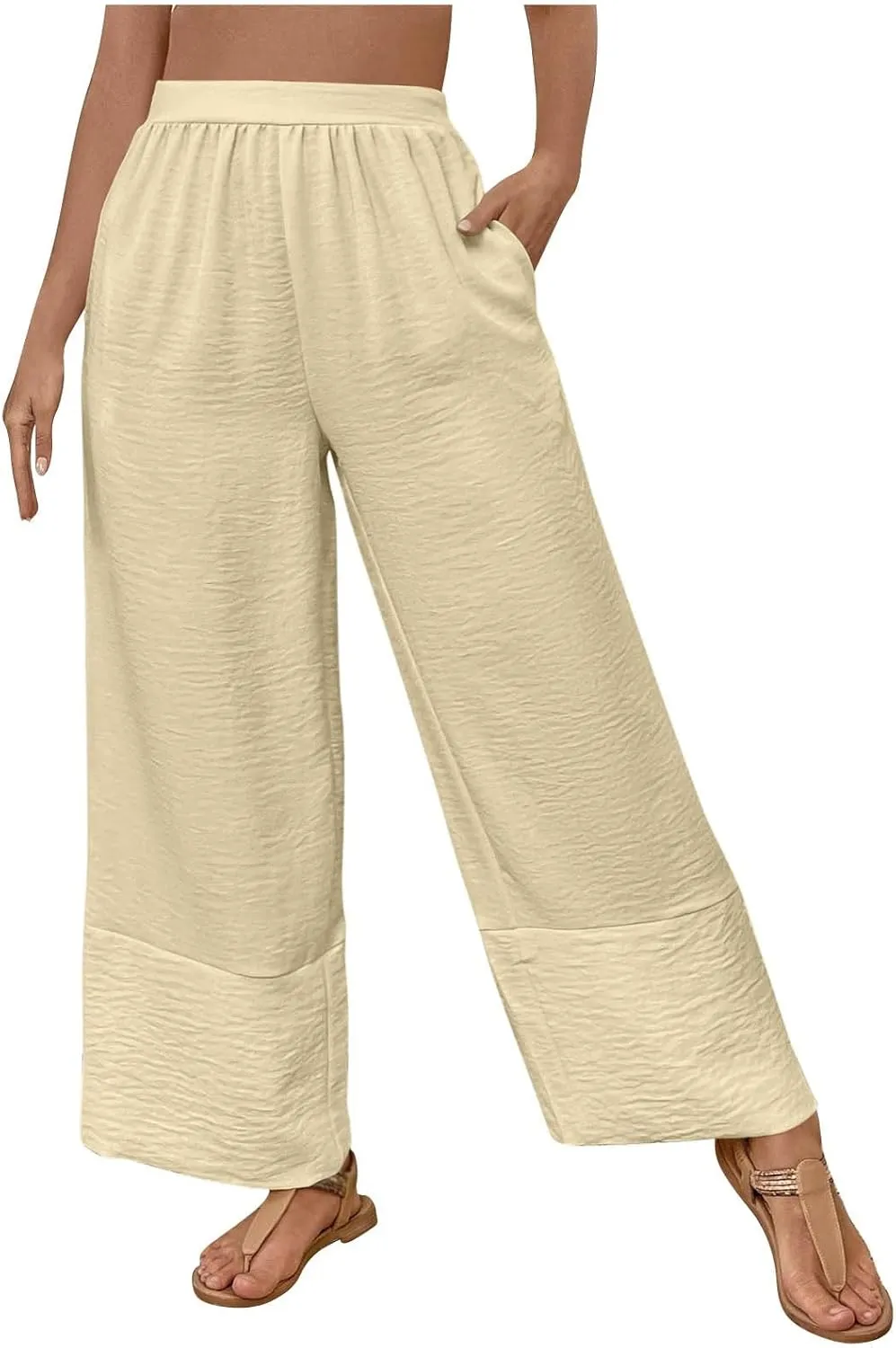 Womens Cotton Linen Pants Baggy Wide Leg Pants Casual Elastic High Waisted Palazzo Harem Trousers with Zipper Pockets