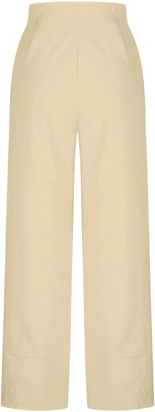 Womens Cotton Linen Pants Baggy Wide Leg Pants Casual Elastic High Waisted Palazzo Harem Trousers with Zipper Pockets