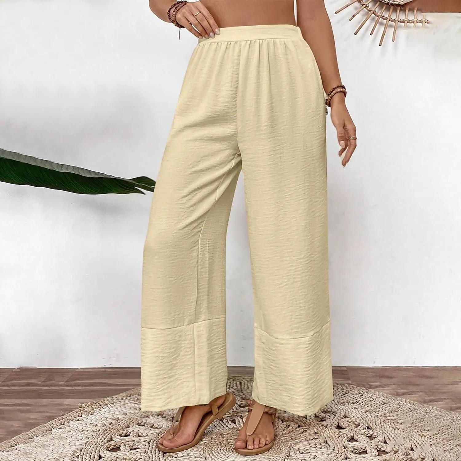 Womens Cotton Linen Pants Baggy Wide Leg Pants Casual Elastic High Waisted Palazzo Harem Trousers with Zipper Pockets