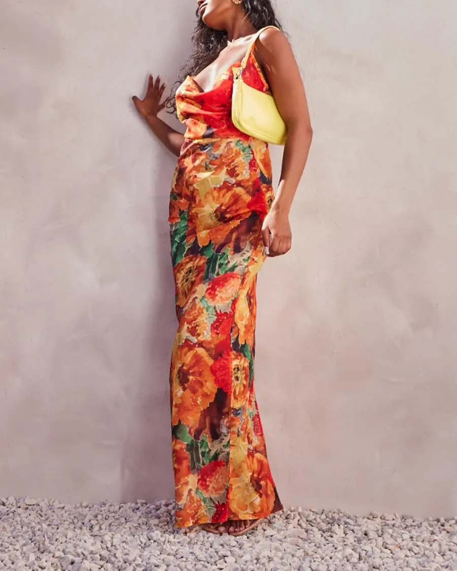 Womens Cowl Neck Dress Floral Print Backless Maxi Dresses Wedding Guest Beach Dresses