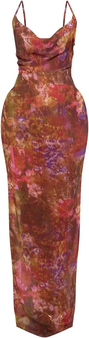 Womens Cowl Neck Dress Floral Print Backless Maxi Dresses Wedding Guest Beach Dresses