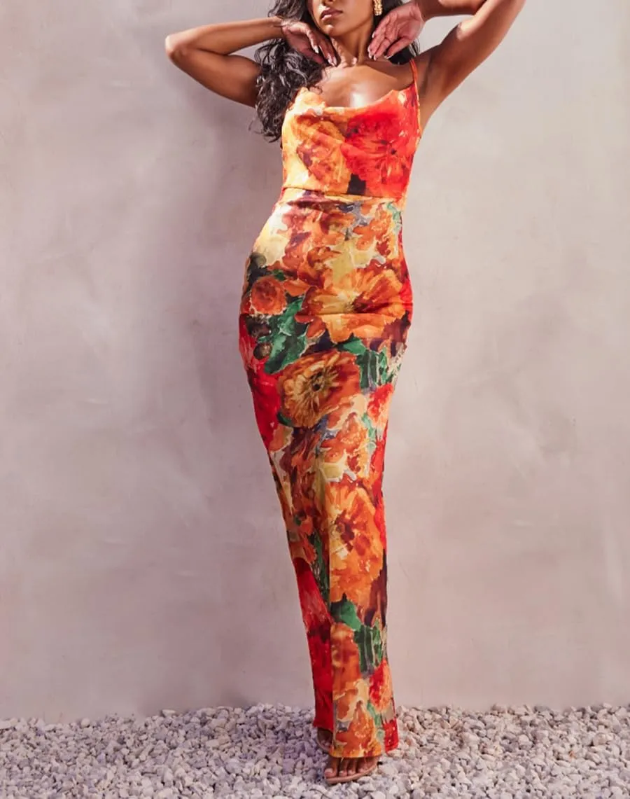 Womens Cowl Neck Dress Floral Print Backless Maxi Dresses Wedding Guest Beach Dresses
