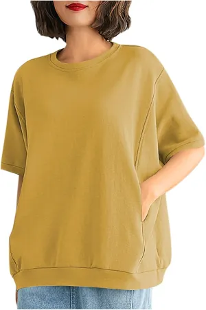 Women's Crew Neck T Shirt Oversized Casual Loose Short Sleeve Tee Summer Athletic Workout Pullover Tops with Pockets