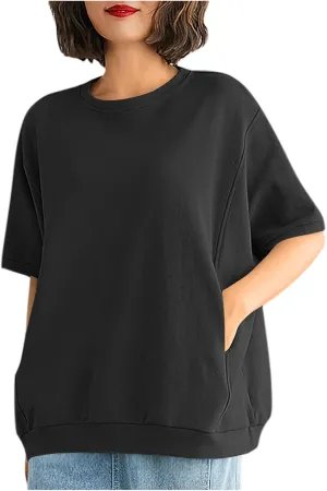 Women's Crew Neck T Shirt Oversized Casual Loose Short Sleeve Tee Summer Athletic Workout Pullover Tops with Pockets