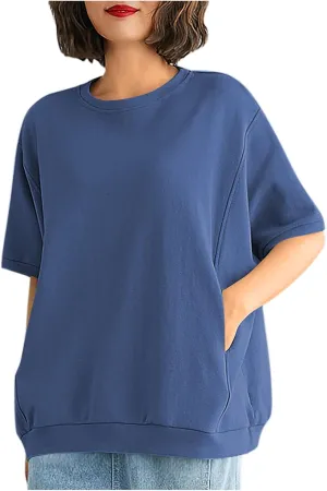 Women's Crew Neck T Shirt Oversized Casual Loose Short Sleeve Tee Summer Athletic Workout Pullover Tops with Pockets