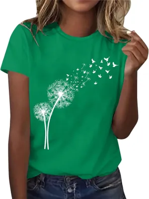 Women's Dandelion Printed Shirt Summer 2025 Short Sleeve Casual Shirts Cute Fit Summer Casual Tee Tops