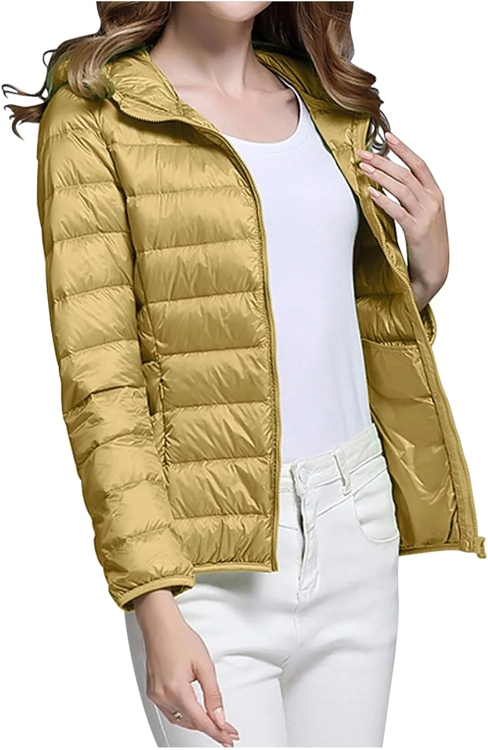 Women's Down Jacket Winter Warm Snow Coat Fashion Solid Color Long Sleeves Zipper Lightweight Cotton Parkas Jacket