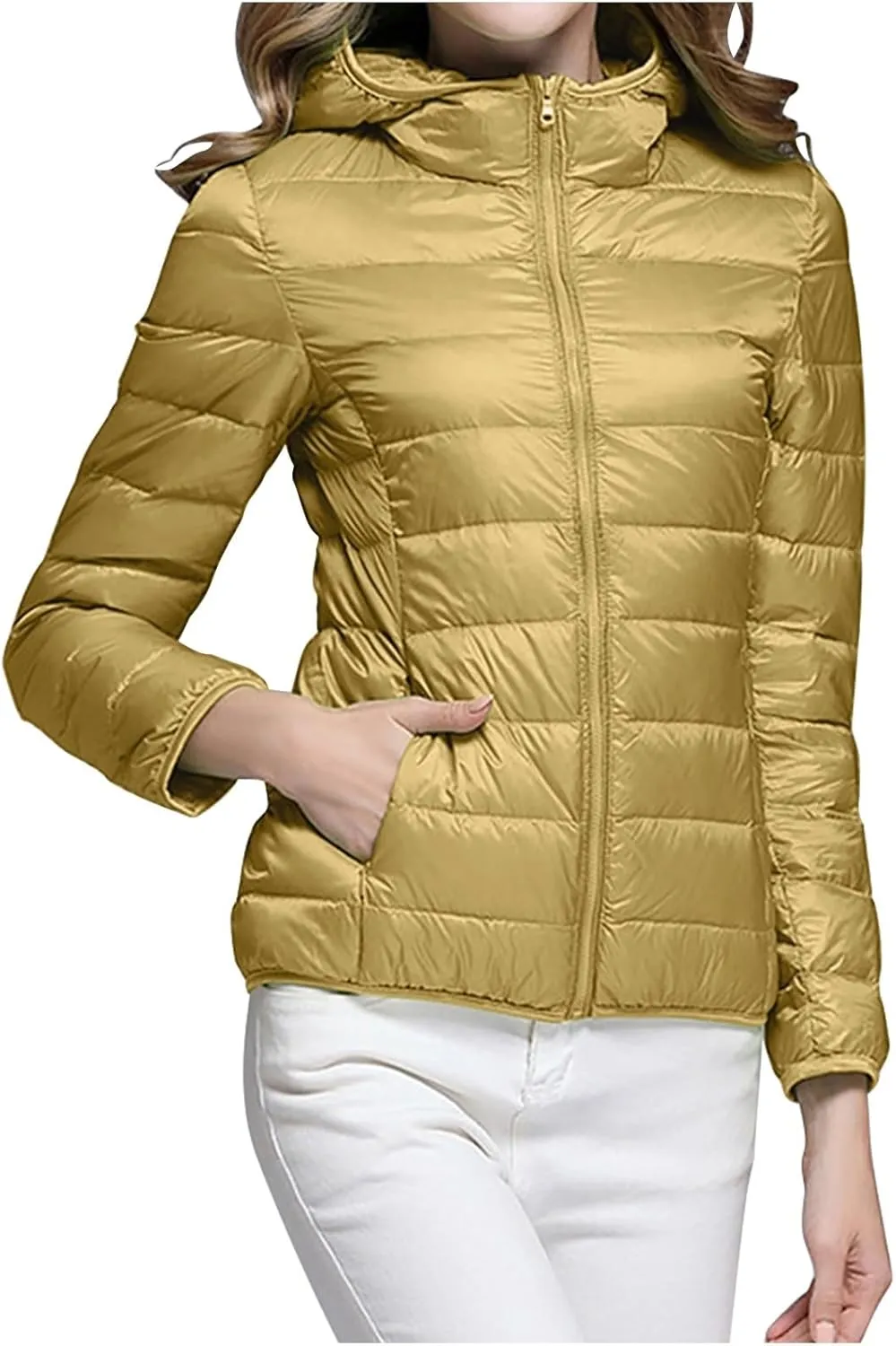 Women's Down Jacket Winter Warm Snow Coat Fashion Solid Color Long Sleeves Zipper Lightweight Cotton Parkas Jacket