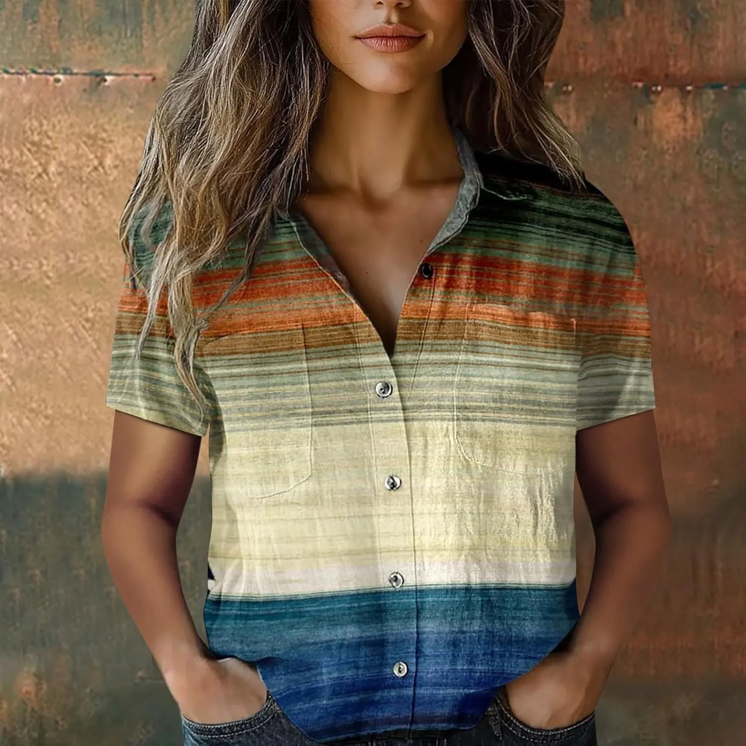Womens Ethnic Shirts Floral Print Button Down Shirt Fashion Linen Short Sleeve Blouse Retro Boho Clothes Casual Tops