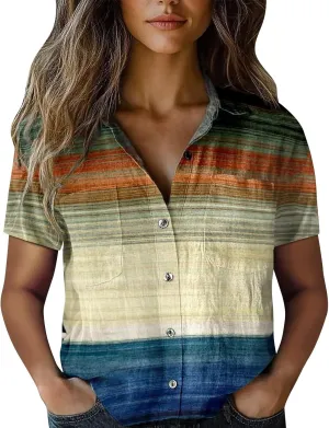 Womens Ethnic Shirts Floral Print Button Down Shirt Fashion Linen Short Sleeve Blouse Retro Boho Clothes Casual Tops