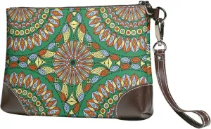 Women's European Vintage Print Cowhide Leather Clutch Bag Large Capacity Durable Wristlet Clutch Purse Soft Comfortable Genuine Leather Wallet(A21)