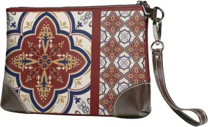 Women's European Vintage Print Cowhide Leather Clutch Bag Large Capacity Durable Wristlet Clutch Purse Soft Comfortable Genuine Leather Wallet(A8)