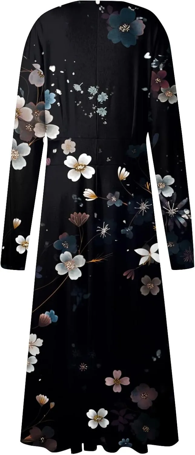 Womens Fall Winter Long Sleeve Trendy Ruched Flowy Floral Formal Midi Dresses Casual Sexy V Neck Elegant Dress