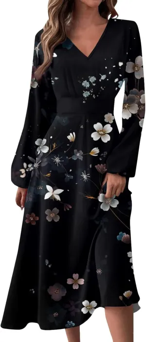 Womens Fall Winter Long Sleeve Trendy Ruched Flowy Floral Formal Midi Dresses Casual Sexy V Neck Elegant Dress