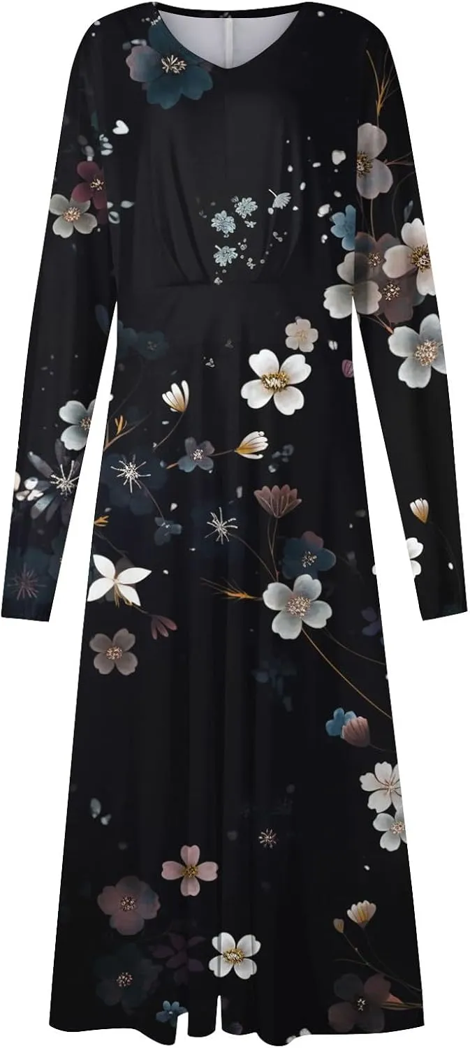 Womens Fall Winter Long Sleeve Trendy Ruched Flowy Floral Formal Midi Dresses Casual Sexy V Neck Elegant Dress