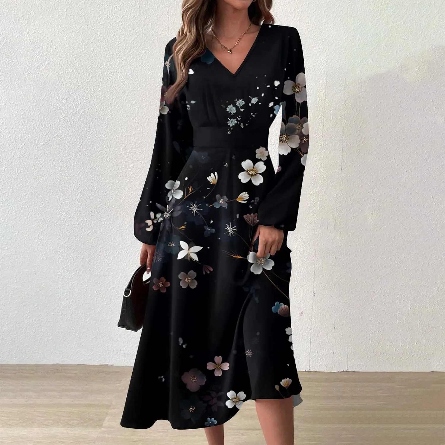 Womens Fall Winter Long Sleeve Trendy Ruched Flowy Floral Formal Midi Dresses Casual Sexy V Neck Elegant Dress