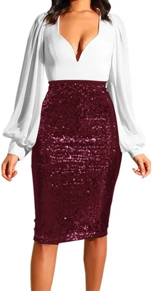Women's Fashion Slim Fit High Waist Sparkly Sequins Midi Skirts Pencil Stretchy Bodycon Glitter Cocktail Party Skirt