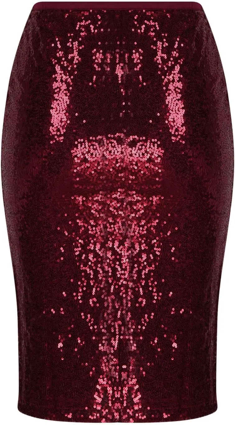 Women's Fashion Slim Fit High Waist Sparkly Sequins Midi Skirts Pencil Stretchy Bodycon Glitter Cocktail Party Skirt