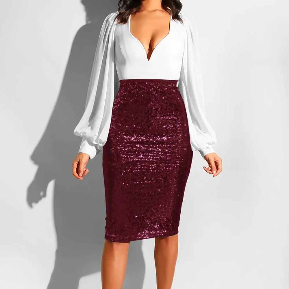 Women's Fashion Slim Fit High Waist Sparkly Sequins Midi Skirts Pencil Stretchy Bodycon Glitter Cocktail Party Skirt