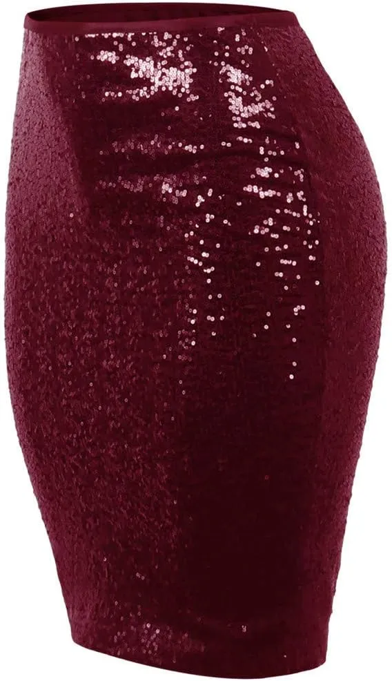 Women's Fashion Slim Fit High Waist Sparkly Sequins Midi Skirts Pencil Stretchy Bodycon Glitter Cocktail Party Skirt