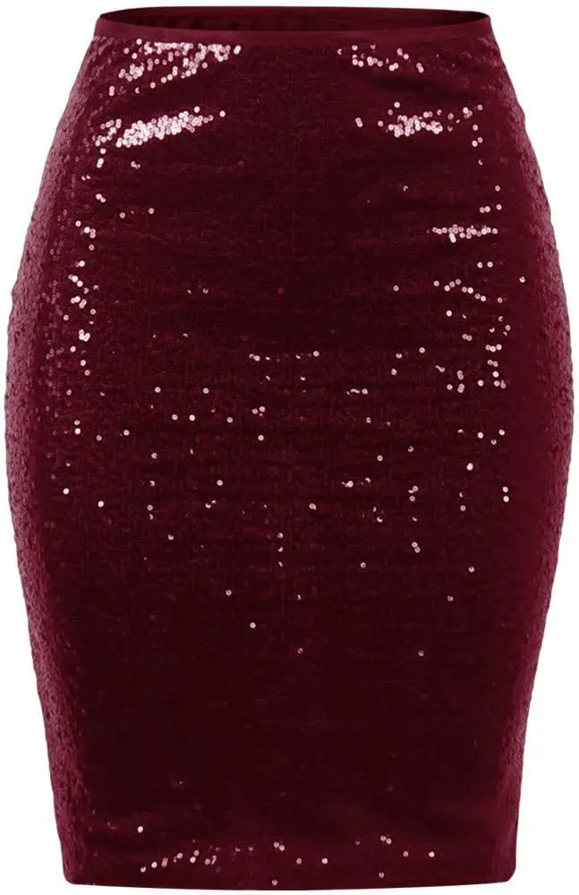 Women's Fashion Slim Fit High Waist Sparkly Sequins Midi Skirts Pencil Stretchy Bodycon Glitter Cocktail Party Skirt
