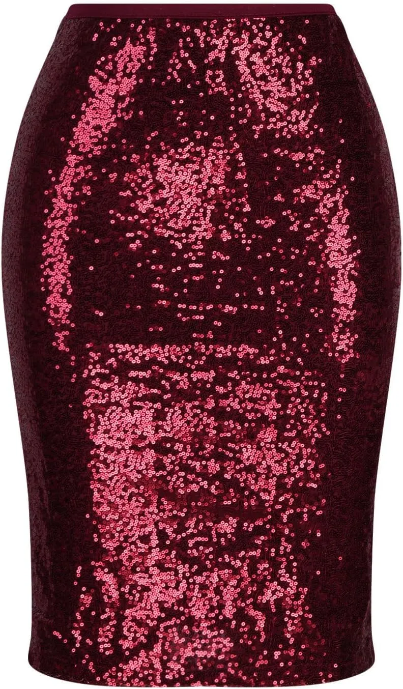 Women's Fashion Slim Fit High Waist Sparkly Sequins Midi Skirts Pencil Stretchy Bodycon Glitter Cocktail Party Skirt