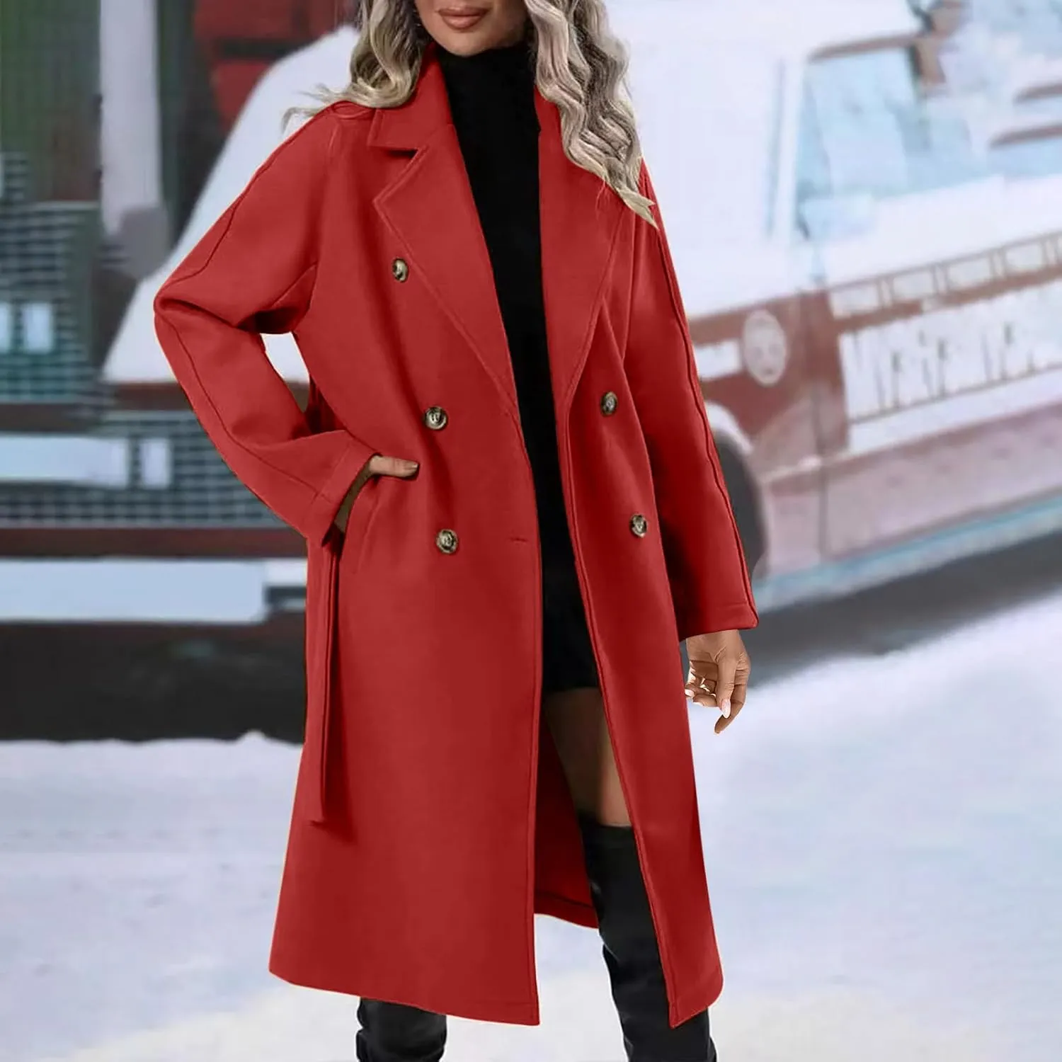 Women's Fleece Wrap Trench Coats Winter Notch Lapel Double Breasted Pea Coat Mid Long Jacket Overcoat with Belt