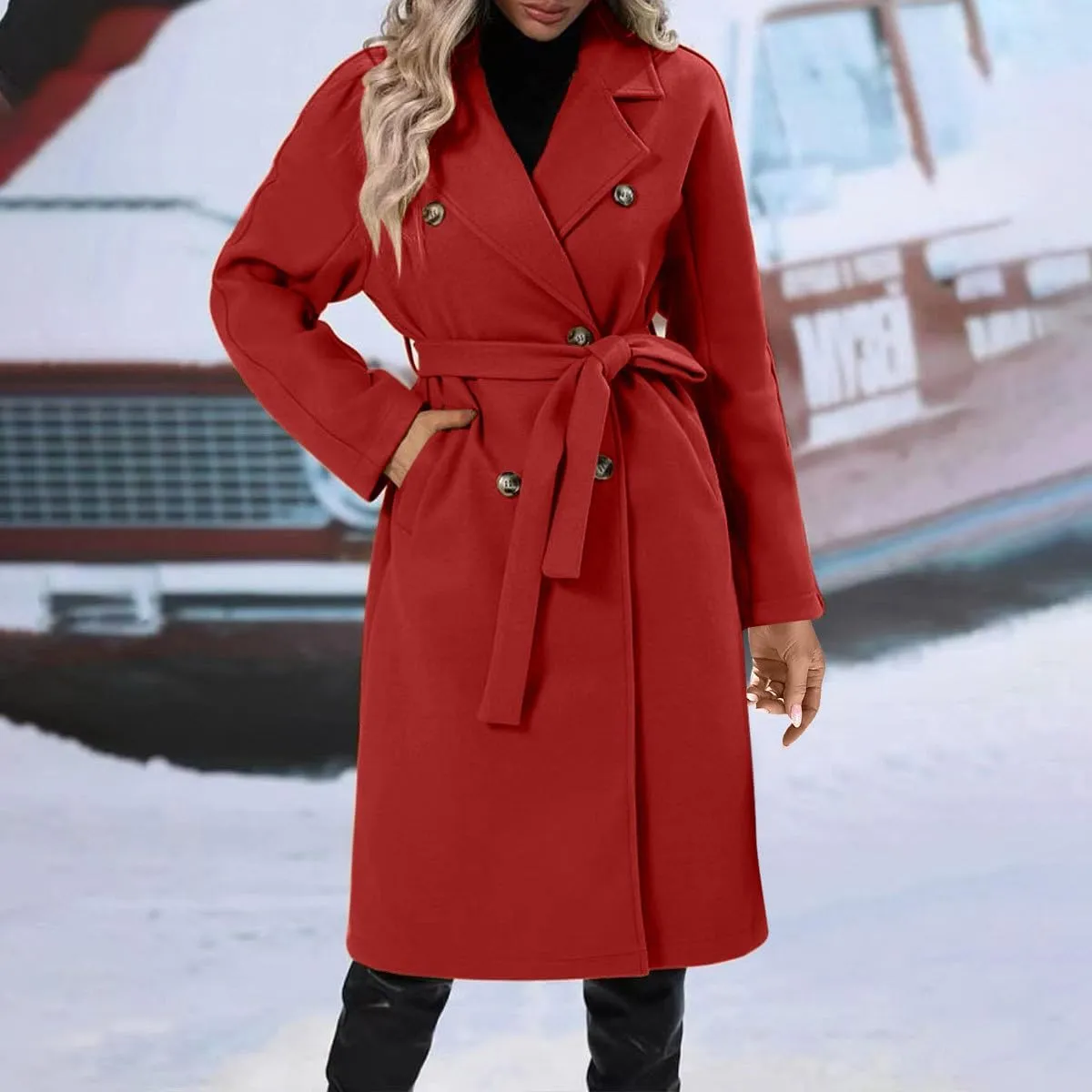 Women's Fleece Wrap Trench Coats Winter Notch Lapel Double Breasted Pea Coat Mid Long Jacket Overcoat with Belt