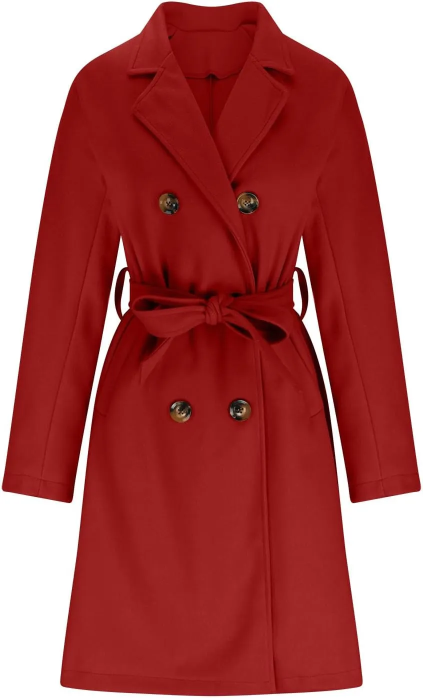 Women's Fleece Wrap Trench Coats Winter Notch Lapel Double Breasted Pea Coat Mid Long Jacket Overcoat with Belt
