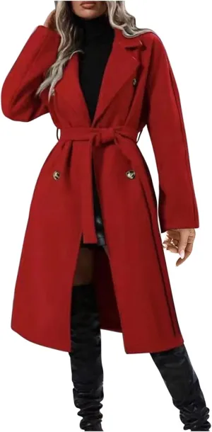 Women's Fleece Wrap Trench Coats Winter Notch Lapel Double Breasted Pea Coat Mid Long Jacket Overcoat with Belt
