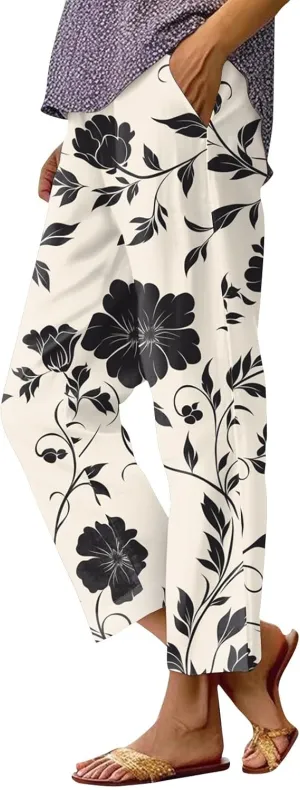 Womens Floral Print Pants Cropped Cotton Linen High Waisted Pants Flowy Elastic Summer Trousers Pocket Fashion Clothes