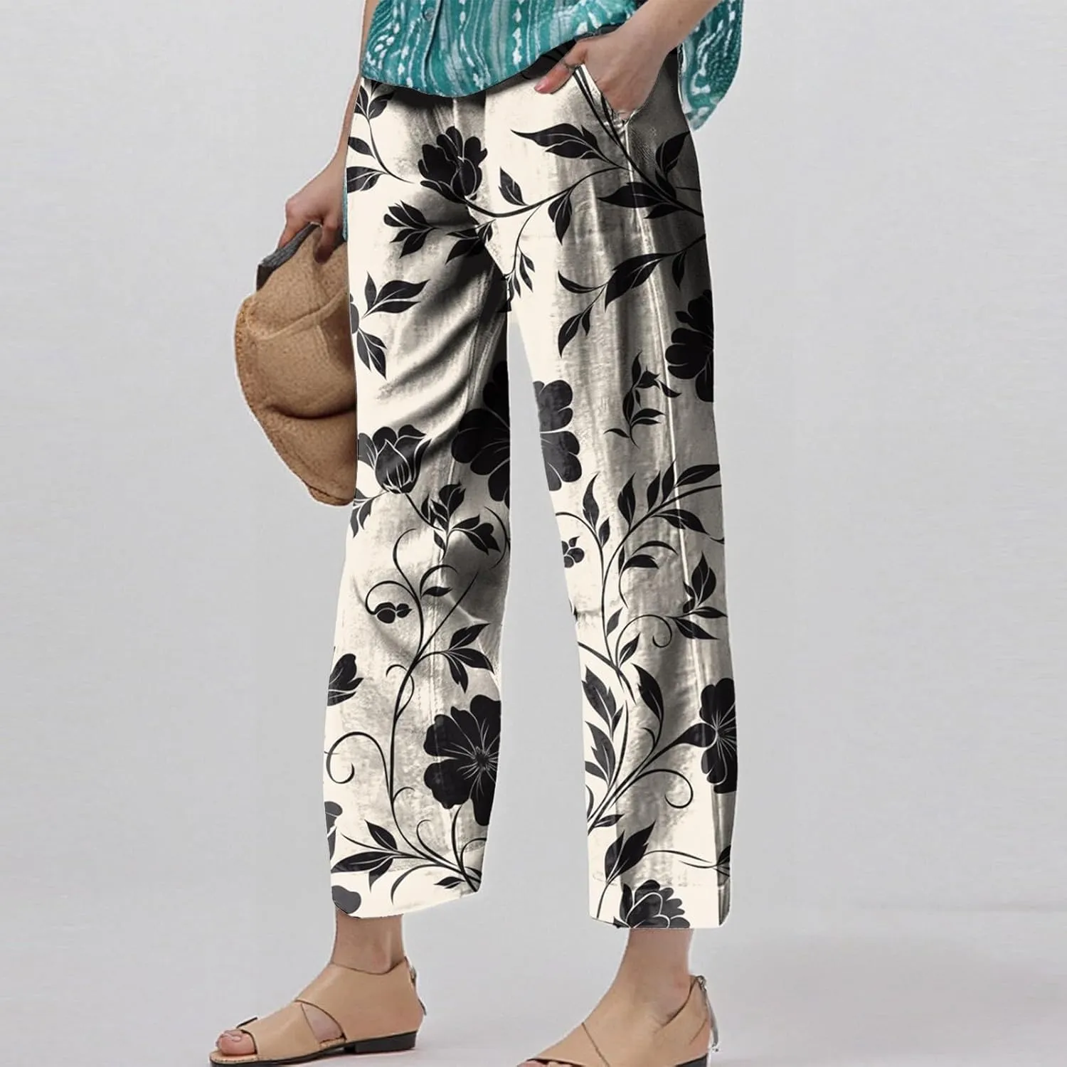 Womens Floral Print Pants Cropped Cotton Linen High Waisted Pants Flowy Elastic Summer Trousers Pocket Fashion Clothes