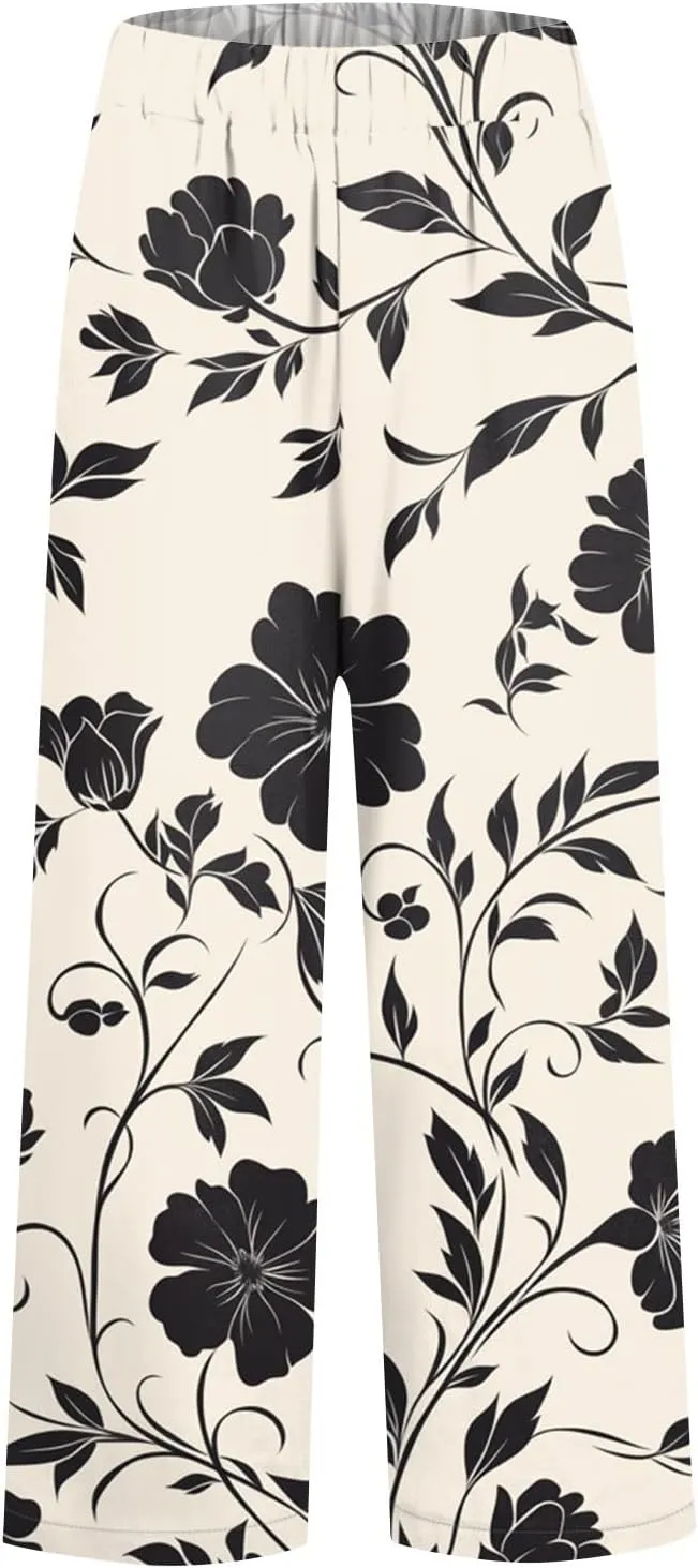 Womens Floral Print Pants Cropped Cotton Linen High Waisted Pants Flowy Elastic Summer Trousers Pocket Fashion Clothes